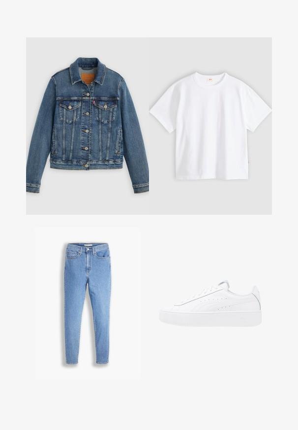 Veste en denim bleu coupe classique, boutons sur le devant, deux poches poitrine et étiquette en cuir. Présente des coutures contrastantes et une texture légèrement usée.; T-shirt en coton blanc à manches courtes, col rond, coupe décontractée, texture lisse, avec une petite étiquette logo sur la couture latérale gauche.; Jean slim taille haute bleu clair avec poches avant et arrière, fermeture à bouton et passes de ceinture sur un fond blanc.; Baskets plateformes blanches avec tige en cuir, bout rond et fermeture à lacets. Présente des perforations sur les côtés et un logo discret au niveau du talon.
