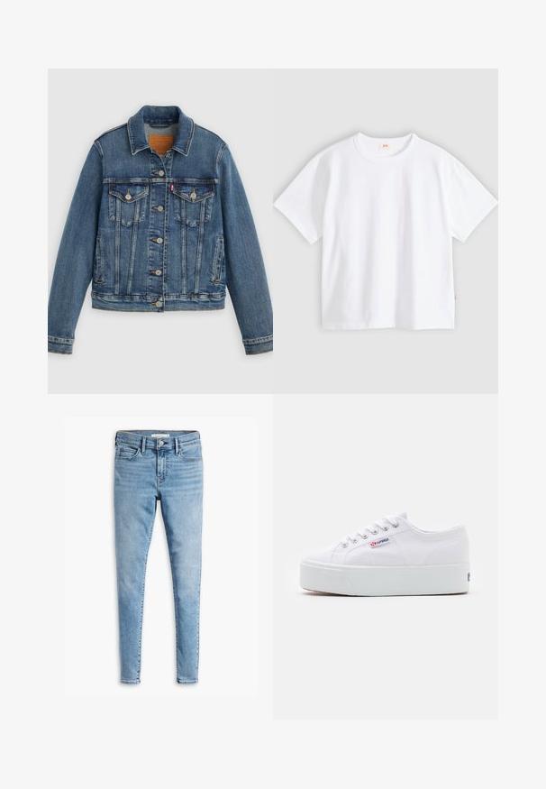Blå denimjakke med klassisk pasform, knaplukning foran, to brystlommer og lædermærke. Har kontrast syninger og en let slidt struktur.; Hvid bomuld t-shirt med korte ærmer, rund hals, afslappet pasform, glat tekstur og en lille logolabel på venstre sidesøm.; Lyseblå super skinny jeans med frontknap og lynlås, bæltestropper og fem lommers design.; Hvide canvas sneakers med en tyk hvid platformssål, rund tå og metaløjelets til snørebånd. Mærkets logo præsenteret på siden.