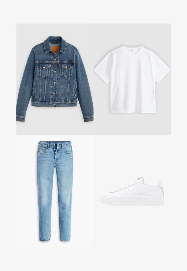 Blå denimjakke med klassisk pasform, knaplukning foran, to brystlommer og lædermærke. Har kontrast syninger og en let slidt struktur.; Hvid bomuld t-shirt med korte ærmer, rund hals, afslappet pasform, glat tekstur og en lille logolabel på venstre sidesøm.; Lyseblå denimbukser med lige ben-design, fem lomme-styling og knaplukning. Har slidte områder og kærkomne folder for tekstur.; Hvide platform sneakers med overdel i læder, rund tå og snørelukning. Har sidelufthuller og diskret branding på hælen.