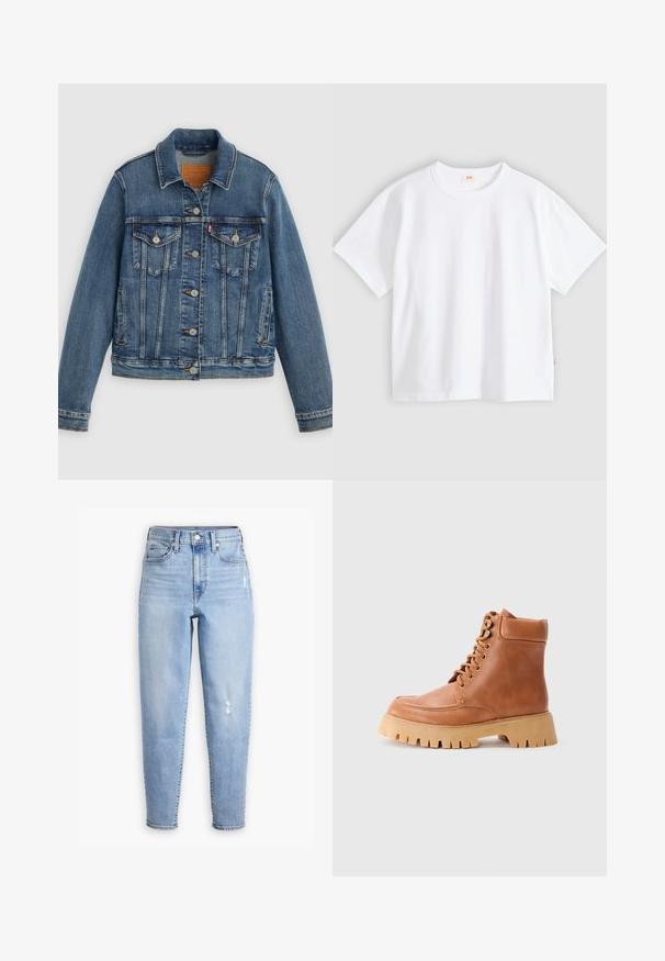 Blå denimjakke med klassisk pasform, knaplukning foran, to brystlommer og lædermærke. Har kontrast syninger og en let slidt struktur.; Hvid bomuld t-shirt med korte ærmer, rund hals, afslappet pasform, glat tekstur og en lille logolabel på venstre sidesøm.; Lysblå højtaljede jeans lavet af denim, med lige ben, subtil falming og et lille slidområde på højre lår.; Tan læder snørebånd ankelstøvle med polstret krave og tyk, rillede gummisål på en ensfarvet lys baggrund.