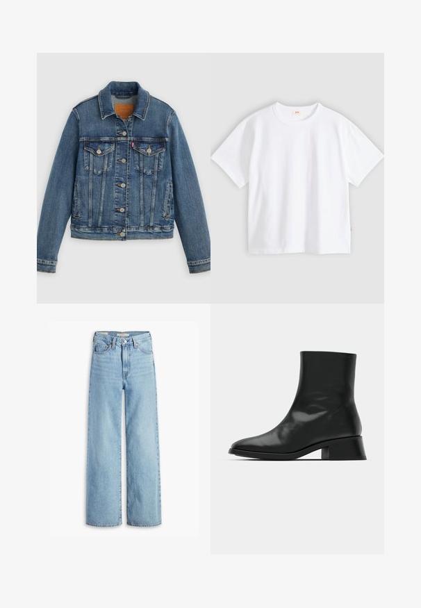 Blaue Denimjacke mit klassischem Schnitt, Knopfleiste, zwei Brusttaschen und Lederetikett. Verfügt über kontrastierende Nähte und eine leicht abgenutzte Textur.; Weißes Baumwoll-T-Shirt mit kurzen Ärmeln, rundem Ausschnitt, lockerer Passform, glatter Textur und einem kleinen Logetikett an der linken Seitennaht.; Hochgeschnittene, hellblaue Schlagjeans mit Frontknopf und Reißverschluss, Gürtelschlaufen und fünf Taschen.; Schwarze Ankle Boots aus glänzendem Leder, mit einem eleganten Design, spitzer Zehenpartie und einem moderaten Blockabsatz für Stabilität.