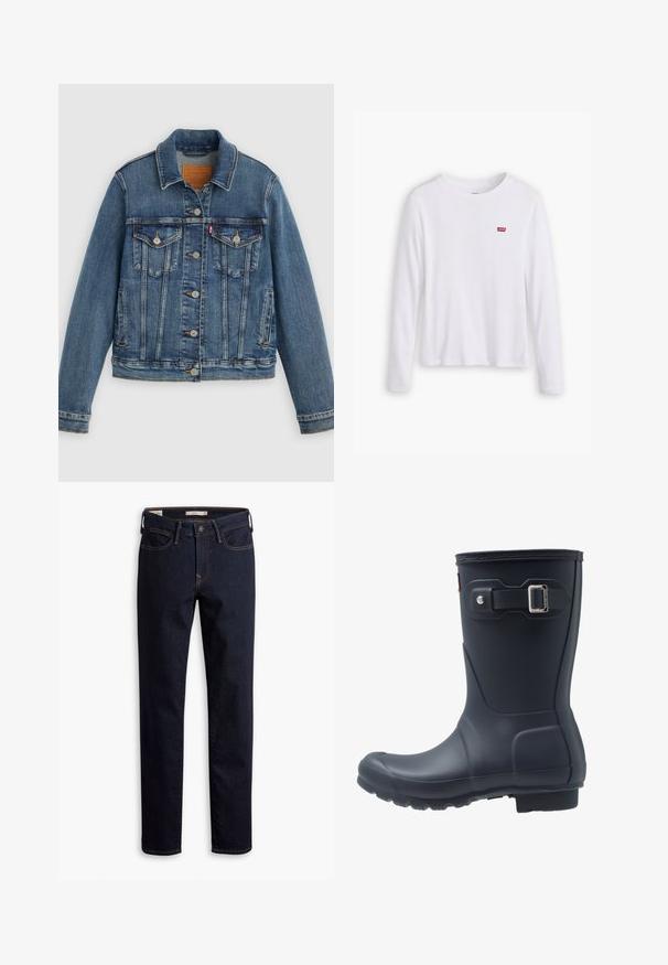 Blauwe spijkerjasje met klassieke pasvorm, knoopsluiting aan de voorkant, twee borstzakken en een leren label. Heeft contrasterende stiksels en een licht versleten textuur.; Witte lange mouwen shirt van zachte katoen. Bevat een klein rood Levi's logo op de linkerborst. Klassiek ronde hals ontwerp.; Donkerblauwe rechte jeans met knoop- en ritsluiting, voor- en achterzakken en contraststiksels.; Zwarte rubberen regenlaars met een ronde neus, textuurzool en verstelbaar riempje. Gladde oppervlakte met een matte afwerking.