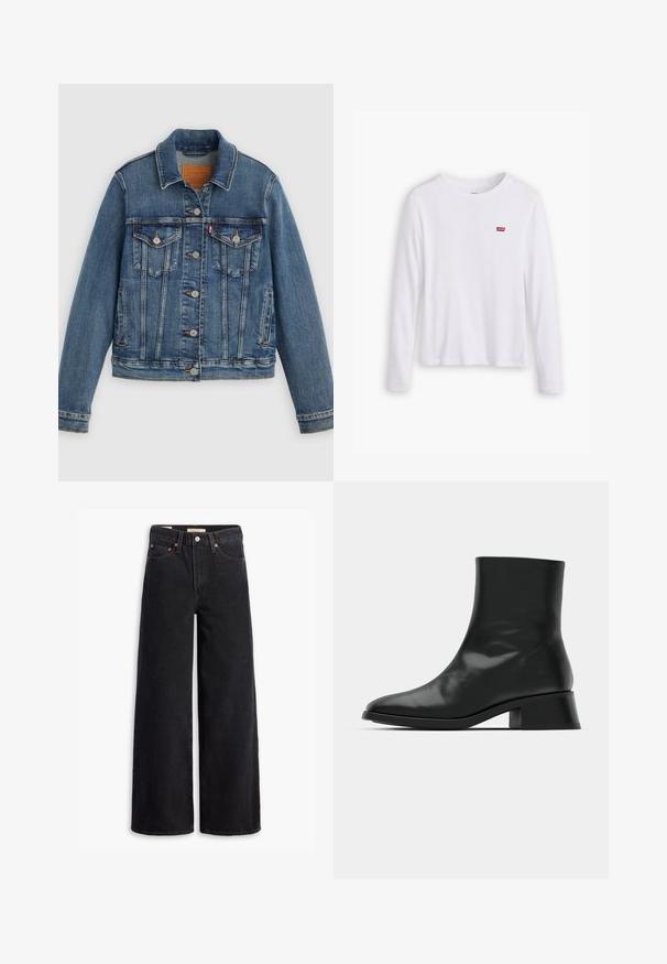 Veste en denim bleu coupe classique, boutons sur le devant, deux poches poitrine et étiquette en cuir. Présente des coutures contrastantes et une texture légèrement usée.; Chemise blanche à manches longues en coton doux. Présente un petit logo rouge Levi's sur la poitrine gauche. Design classique à col rond.; Jean noir à jambe large en denim, comportant cinq poches, des rivets en laiton et une fermeture à bouton classique. Texture lisse avec un design épuré.; Bottine noire en cuir brillant, au design épuré, avec un bout pointu et un petit talon bloc pour plus de stabilité.