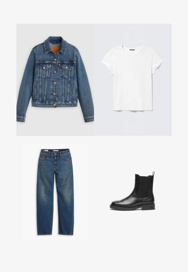 Veste en denim bleu coupe classique, boutons sur le devant, deux poches poitrine et étiquette en cuir. Présente des coutures contrastantes et une texture légèrement usée.; T-shirt blanc uni à manches courtes avec col en V et une petite étiquette "WEEKDAY" à l'intérieur du col, présenté sur un fond gris clair.; Jeans en denim bleu avec une coupe décontractée, featuring une taille haute, des jambes droites, des coutures visibles et un petit accent sur le genou gauche.; Bottes Chelsea en cuir noir avec des panneaux latéraux en élasthanne, bout rond, tirant et semelle en caoutchouc noir robuste. Texture lisse et design classique.