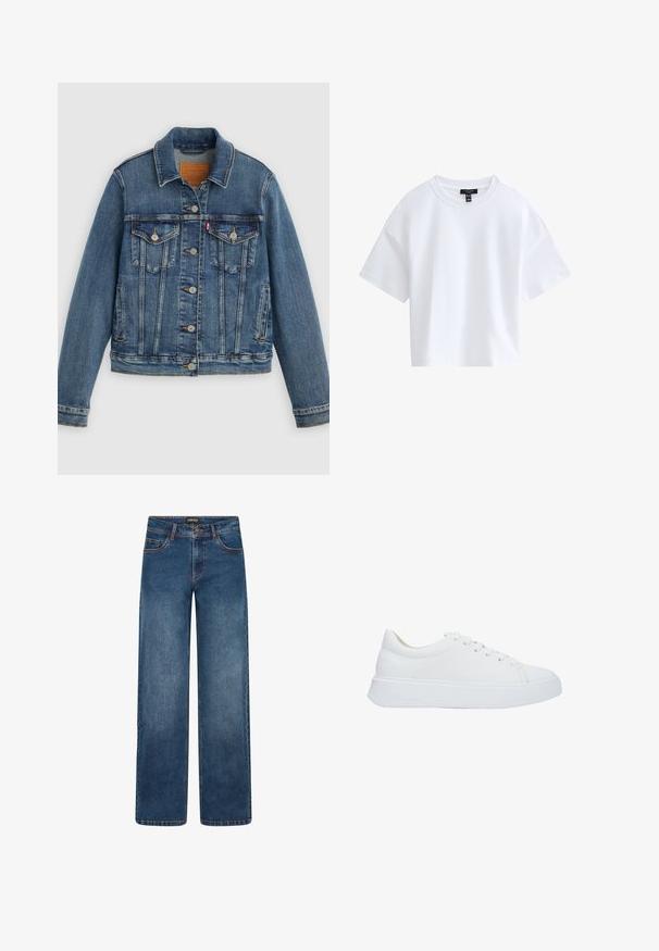 Veste en denim bleu coupe classique, boutons sur le devant, deux poches poitrine et étiquette en cuir. Présente des coutures contrastantes et une texture légèrement usée.; T-shirt court blanc uni à manches courtes avec un col rond et une étiquette de marque noire à l'intérieur du col.; Jean en denim à jambes larges, de couleur bleu moyen. Comprend cinq poches, fermeture par bouton et fermeture éclair, et coutures doubles. Tissu durable.; Baskets blanches en cuir avec un bout rond, des lacets plats et une semelle en caoutchouc épaisse. Texture lisse avec des détails de couture minimes.