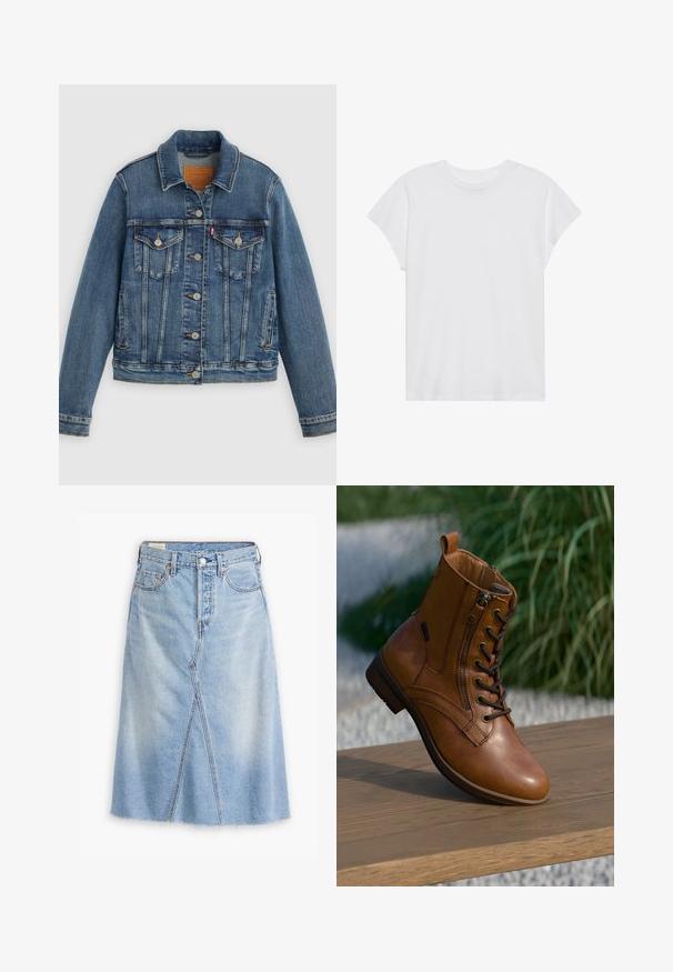 Blå denimjakke med klassisk pasform, knaplukning foran, to brystlommer og lædermærke. Har kontrast syninger og en let slidt struktur.; Hvid kortærmet t-shirt med rund hals, afslappet pasform, lavet af blødt bomuldsstof. Glat tekstur, ingen mønstre eller logoer.; Lysblå denimnederdel med lige snit, frontspalte, filt kant, fem lommer og metalhardwaredetaljer.; Brun læderankelstøvle med lynlås på siden og snørebånd, placeret på en træoverflade udendørs med sløret grønt område i baggrunden.