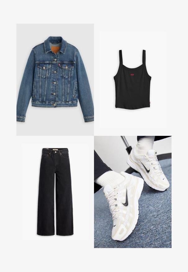 Blå denimjakke med klassisk pasform, knaplukning foran, to brystlommer og lædermærke. Har kontrast syninger og en let slidt struktur.; Sort ribbet tanktop med tynde stropper, med et lille rødt Levi's-logo i midten foran og en lige nederste kant.; Sorte brede benjeans lavet af denim, med fem lommer, kobbernitter og en klassisk knaplukning. Glat tekstur med et rent design.; Hvide og beige Nike sneakers med en mesh-overdel, tekstureret overflade, sort swoosh og en polstret sål med en skridsikker ydersål.