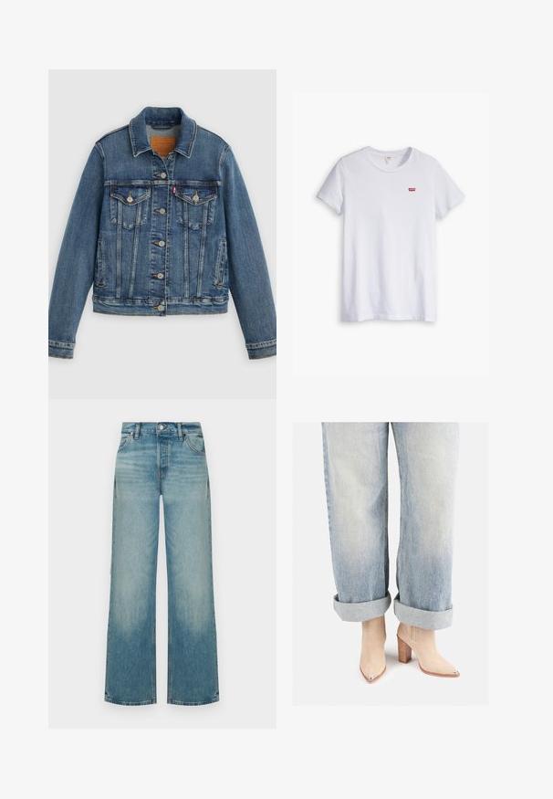 Blaue Denimjacke mit klassischem Schnitt, Knopfleiste, zwei Brusttaschen und Lederetikett. Verfügt über kontrastierende Nähte und eine leicht abgenutzte Textur.; Weißes Baumwoll-T-Shirt mit kurzen Ärmeln und rundem Ausschnitt. Besitzt ein kleines rotes Levi's-Logo auf der linken Brustseite.; Hellblaue, hoch taillierte Jeans mit weitem Bein, vorne mit Knopf- und Reißverschluss sowie vorderen Taschen, auf einfarbigem Hintergrund dargestellt.; Beige Wildleder-Ankle-Boots mit einer spitzen Zehenpartie und metallicfarbenem Absatz, kombiniert mit hellblauen hochgekrempelten Jeans.
