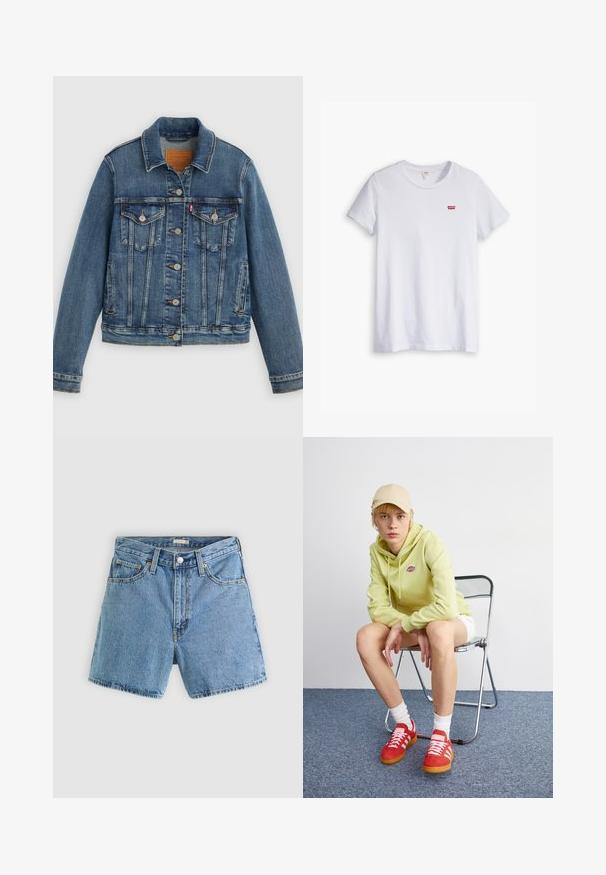 Veste en denim bleu coupe classique, boutons sur le devant, deux poches poitrine et étiquette en cuir. Présente des coutures contrastantes et une texture légèrement usée.; T-shirt en coton blanc à manches courtes et col rond. Présente un petit logo rouge Levi's sur la partie gauche de la poitrine.; Short en denim bleu clair avec bouton et fermeture éclair à l'avant, passants de ceinture, et design à cinq poches sur un fond uni.; Un sweat à capuche vert clair avec logo, un short blanc, des baskets rouges avec rayures blanches, assis sur une chaise pliante en chrome contre un fond neutre.