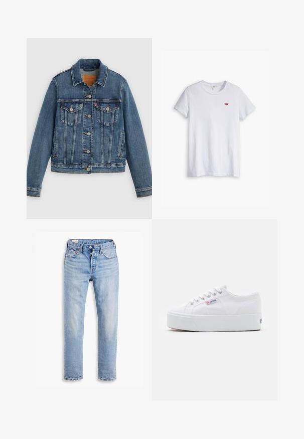 Blå denimjakke med klassisk pasform, knaplukning foran, to brystlommer og lædermærke. Har kontrast syninger og en let slidt struktur.; Hvid bomulds t-shirt med korte ærmer og rund halsudskæring. Har et lille rødt Levi's-logo på venstre brystområde.; Lyseblå denimjeans med lige snit, to forlommer og knaplukning. Slidt struktur med let bleget område nær knæene.; Hvide canvas sneakers med en tyk hvid platformssål, rund tå og metaløjelets til snørebånd. Mærkets logo præsenteret på siden.
