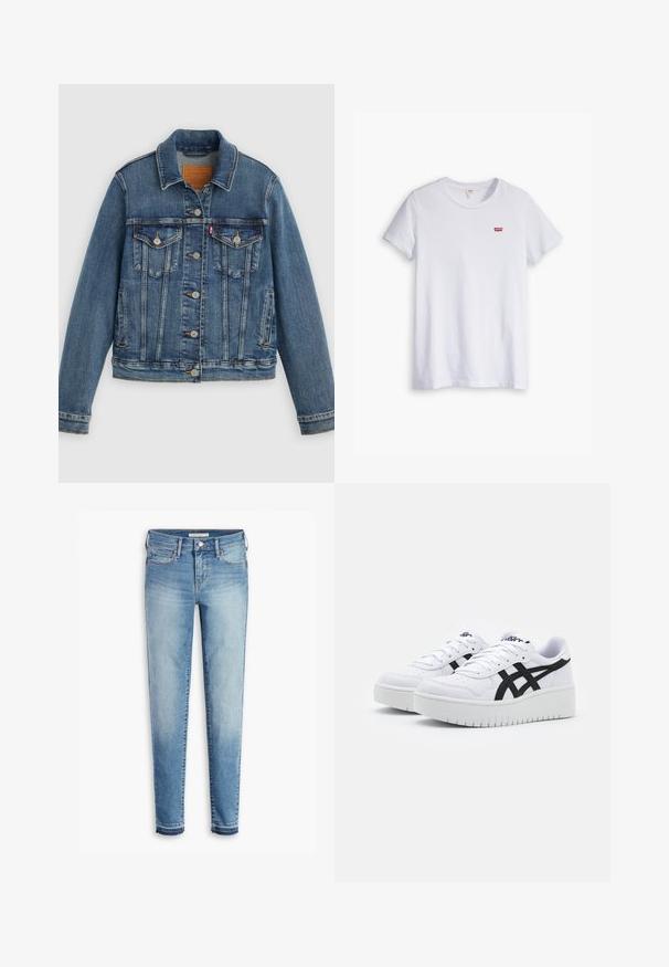 Blå denimjakke med klassisk pasform, knaplukning foran, to brystlommer og lædermærke. Har kontrast syninger og en let slidt struktur.; Hvid bomulds t-shirt med korte ærmer og rund halsudskæring. Har et lille rødt Levi's-logo på venstre brystområde.; Lyseblå denim jeans med slim fit, fem-lommes design, kontrastsyet og let slidte kanter ved anklerne.; Hvide sneakers med en struktureret overflade, sorte sidestrek og en tyk hvid sål. Har snørebåndsdesign og logo på tungen.
