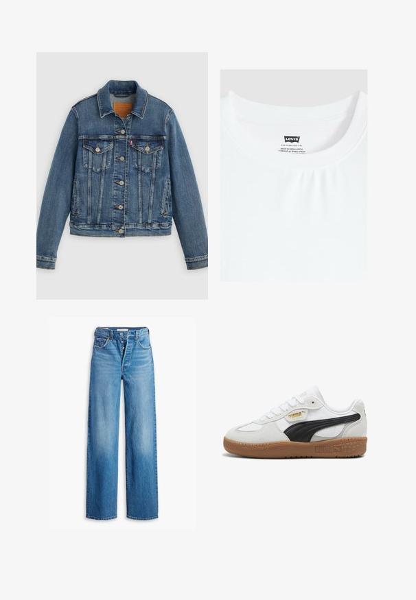 Blå denimjakke med klassisk pasform, knaplukning foran, to brystlommer og lædermærke. Har kontrast syninger og en let slidt struktur.; Hvid t-shirt med rund hals og Levi's mærke syet ind i kraven, lavet i Bangladesh.; Blå denimjeans med høj talje, vidde ben og fem lomme-design. Har en knaplukning og en falmet finish.; Hvide lædersneakers med en sort ruskindsstribe, gummigummisål og guldbranding på siden. Snørebånddesign med en afrundet tå.