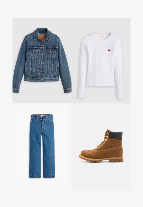 Blå denimjakke med klassisk pasform, knaplukning foran, to brystlommer og lædermærke. Har kontrast syninger og en let slidt struktur.; Hvid Levi's langærmet skjorte med rund halsudskæring og lille rødt Levi's-logo på venstre bryst, vist på en ensfarvet baggrund.; Blå denim lige ben jeans med høj talje, fem lomme design og knaplukning. Markante syninger og kobberfarvede nitter.; Brun ruskinds ankelstøvle med sort polstret krave, gyldne øjer, snørebånd foran og gummisål med et struktureret mønster.