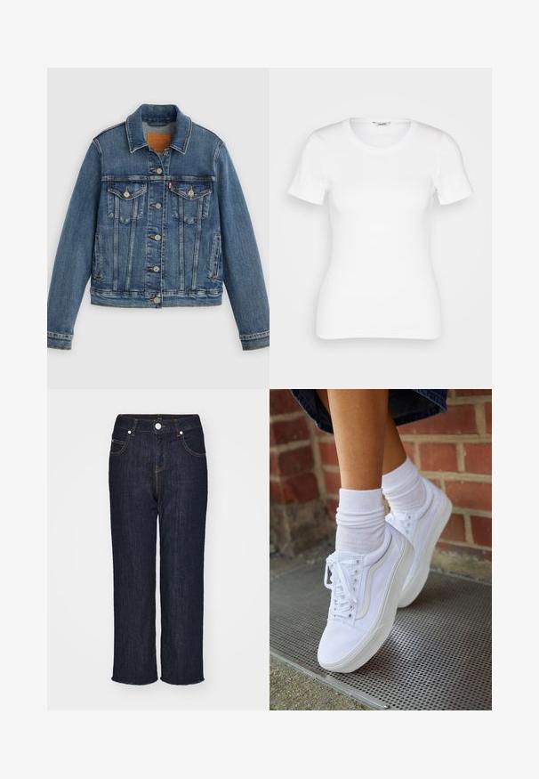 Blauwe spijkerjasje met klassieke pasvorm, knoopsluiting aan de voorkant, twee borstzakken en een leren label. Heeft contrasterende stiksels en een licht versleten textuur.; Witte katoenen T-shirt met korte mouwen, ronde halslijn en ribbelstructuur. Strakke pasvorm met een gladde, schone afwerking.; Donkerblauwe denim jeans met een rechte pijpdesign, vijf zakken en een raw hem. Voorzien van contrasterende stiksels en een metalen knoopsluiting.; Witte canvas sneakers met rubberen zolen, voorzien van zes vetertjes, een ronde neus en lichte stikdetails, gecombineerd met witte enkelsokken.