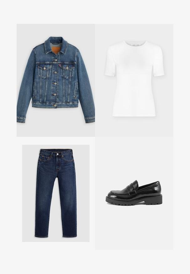 Blauwe spijkerjasje met klassieke pasvorm, knoopsluiting aan de voorkant, twee borstzakken en een leren label. Heeft contrasterende stiksels en een licht versleten textuur.; Wit T-shirt met korte mouwen en een ronde hals, een slanke pasvorm en geribbelde stof, weergegeven op een effen lichtgrijze achtergrond.; Donkerblauwe spijkerbroek met een rechte pijpdesign. Voorzien van een ritssluiting met knoopsluiting, vijf zakken en contrasterende stiksels.; Zwarte laarsjes van patentaal leer met een gestructureerde neus, een decoratieve band over de wreef en een dikke, robuuste zool. Gladde, glanzende afwerking.