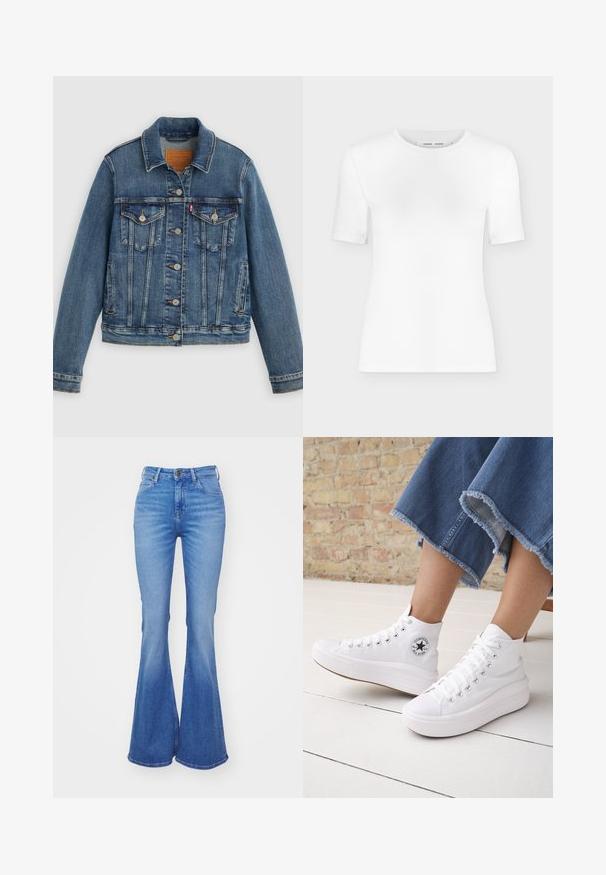 Blå denimjakke med klassisk pasform, knaplukning foran, to brystlommer og lædermærke. Har kontrast syninger og en let slidt struktur.; Hvid T-shirt med rund hals, korte ærmer, slank pasform og ribbet stofstruktur, vist på en ensfarvet lys grå baggrund.; Lyseblå, trompetformede jeans lavet af denim, med høj talje, fem lommer og en let falmende farve mod kanten. Sølvfarvet knaplukning.; Person iført hvide høje Converse-sneakers med tykke såler og beskårne blå jeans med flossede kanter mod en murstensvæg og hvidt gulv.