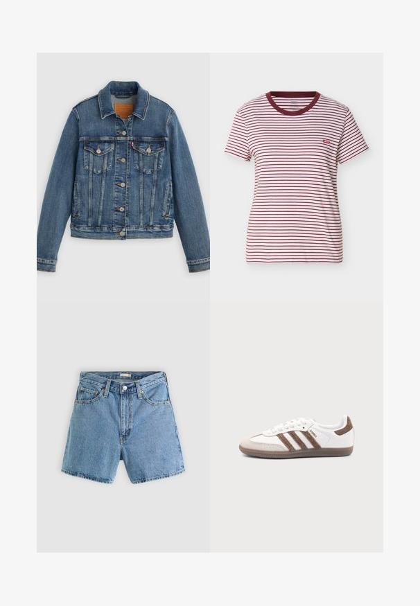 Blå denimjakke med klassisk pasform, knaplukning foran, to brystlommer og lædermærke. Har kontrast syninger og en let slidt struktur.; Kortærmet T-shirt med rund hals, horisontale hvide og mørkerøde striber samt et lille rødt Levi's-logo på venstre bryst.; Lyseblå cowboyshorts med forreste knap og lynlås, bæltestropper og fem-lommer design mod en ensfarvet baggrund.; Hvid Adidas Samba sneaker med brune ruskindstriber, brun gummisål og beige ruskindståhætte, vist fra ydersiden på en ensfarvet baggrund.