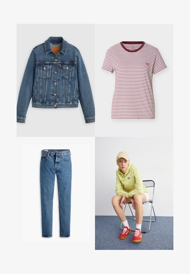 Veste en denim bleu coupe classique, boutons sur le devant, deux poches poitrine et étiquette en cuir. Présente des coutures contrastantes et une texture légèrement usée.; T-shirt à manches courtes et col rond, avec des rayures horizontales blanches et rouge foncé, et un petit logo Levi's rouge sur le côté gauche de la poitrine.; Jeans en denim bleu clair avec une coupe droite, cinq poches et un zip standard. Présente des coutures oranges et une texture légèrement délavée.; Un sweat à capuche vert clair avec logo, un short blanc, des baskets rouges avec rayures blanches, assis sur une chaise pliante en chrome contre un fond neutre.