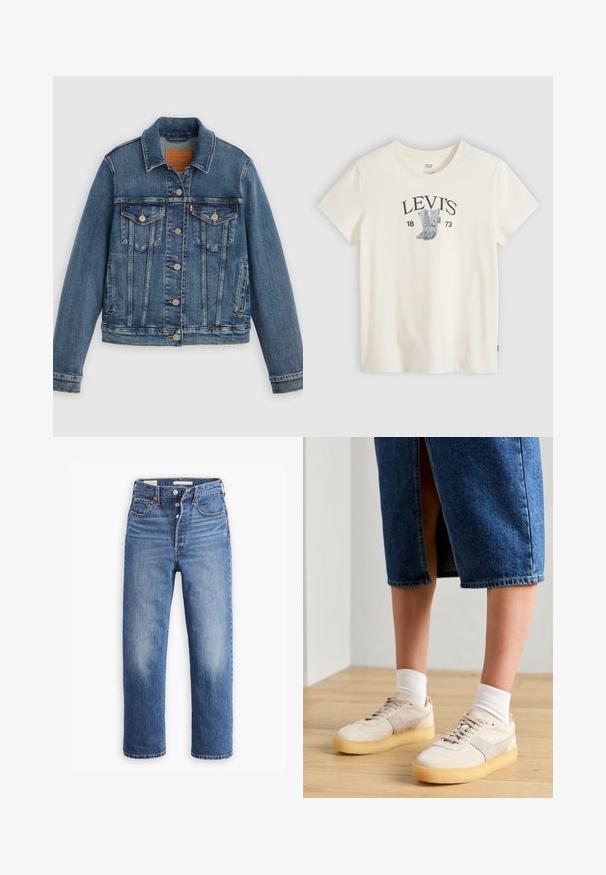 Chaqueta de mezclilla azul con corte clásico, cierre de botones, dos bolsillos en el pecho y etiqueta de cuero. Presenta costuras en contraste y una textura ligeramente desgastada.; Camiseta blanca de manga corta Levi's con un gráfico de botas de vaquero azules y "LEVI'S 1873" impreso en el pecho.; Vaqueros de mezclilla azul con cintura alta, diseño de pierna recta y áreas desgastadas. Presentan bolsillos frontales y herrajes de metal.; Zapatillas beige con texturas de ante y malla, cordones blancos y suela de goma. Combinadas con calcetines blancos y una falda midi de mezclilla oscura.
