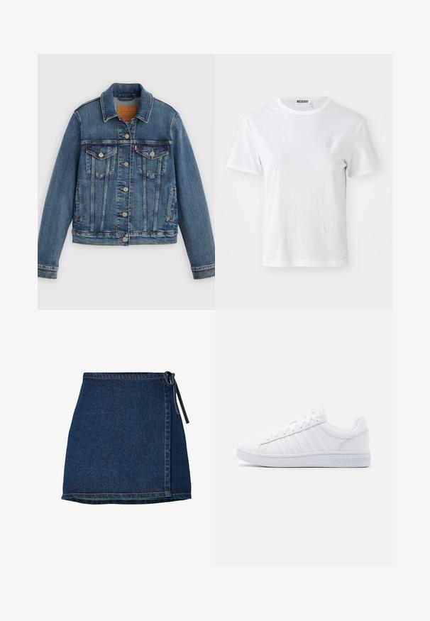 Chaqueta de mezclilla azul con corte clásico, cierre de botones, dos bolsillos en el pecho y etiqueta de cuero. Presenta costuras en contraste y una textura ligeramente desgastada.; Camiseta blanca de manga corta hecha de una tela suave. Cuenta con un escote redondo y un corte recto, con una etiqueta en el cuello interior.; Falda de mezclilla con diseño envolvente, de color azul oscuro y cinturilla anudada. Presenta detalles de costura a lo largo del dobladillo y la costura lateral.; Zapatillas blancas con cordones, con parte superior de sintético suave, que presentan tres franjas horizontales en el costado, suela de goma texturizada y detalle de logo.