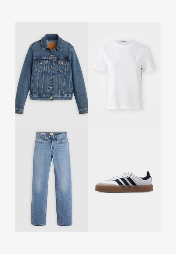 Blå denimjakke med klassisk pasform, knaplukning foran, to brystlommer og lædermærke. Har kontrast syninger og en let slidt struktur.; Hvid T-shirt med korte ærmer lavet af blødt stof. Har en rund halsudskæring og en lige pasform, med en label på den indre krave.; Lysblå denimjeans med lige ben-design, metalknaplukning, forlommer og diskrete falmenotater over det hele.; Hvide lædersneakers med sorte striber, gummirubber sål, rund tå, snørelukning og blød grå ruskinds tåhætte.