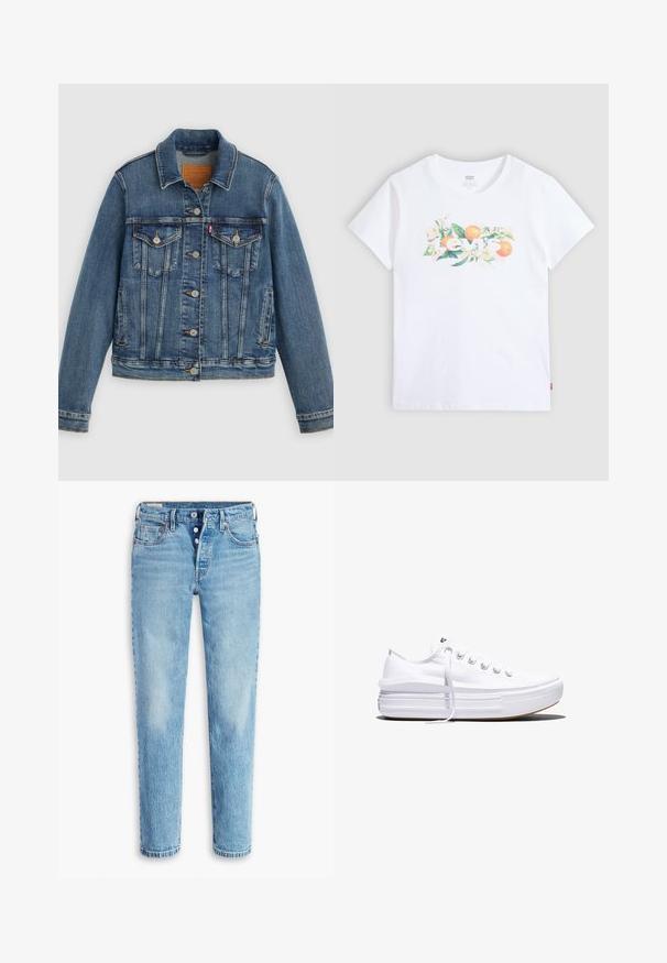 Blauwe spijkerjasje met klassieke pasvorm, knoopsluiting aan de voorkant, twee borstzakken en een leren label. Heeft contrasterende stiksels en een licht versleten textuur.; Witte T-shirt met korte mouwen, met een bloemen- en sinaasappelmotief achter de witte tekst "Levi's" op de borst.; Lichtblauwe denim jeans met een rechte pijpdesign, vijf zakken en een knopenrij. Heeft vervaagde gebieden en wassing voor textuur.; Witte lage canvas sneaker met dikke plateauzool, veters aan de voorkant en rubberen toeskap met structuur, zijaanzicht.