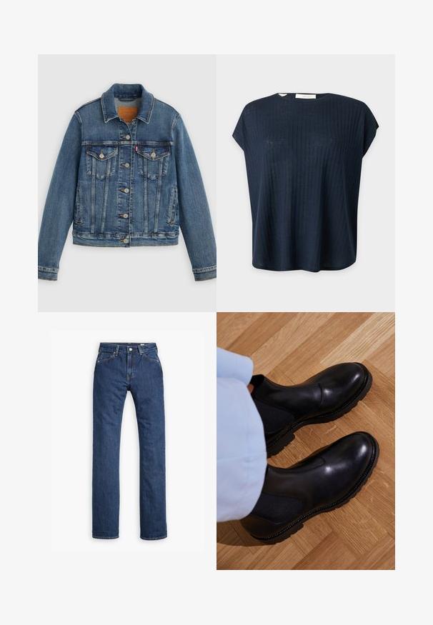Chaqueta de mezclilla azul con corte clásico, cierre de botones, dos bolsillos en el pecho y etiqueta de cuero. Presenta costuras en contraste y una textura ligeramente desgastada.; Top de punto acanalado azul marino oscuro con manga corta, cuello redondo y corte holgado.; Levi's® MOJ MIJ PLANK STRAIGHT - Vaqueros rectos - stems; Botas negras de tobillo hechas de cuero suave con paneles laterales elásticos, una suela de goma texturizada y costuras en contraste a lo largo del borde.
