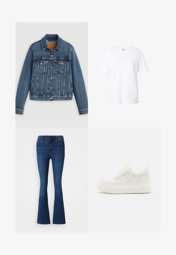 Blauwe spijkerjasje met klassieke pasvorm, knoopsluiting aan de voorkant, twee borstzakken en een leren label. Heeft contrasterende stiksels en een licht versleten textuur.; Effen witte T-shirt met korte mouwen en een ronde hals, een losse pasvorm en een klein label aan de binnenkant van de kraag.; Donkerblauwe spijkerbroek met flared pijpen, met voor- en achterzakken, knoop- en ritssluiting, en vervaagde details op de dijen en knieën.; Witte leren sneakers met een stevige zool, vetersluiting en subtiele branding. Heeft een zachte textuur en een ronde neus.
