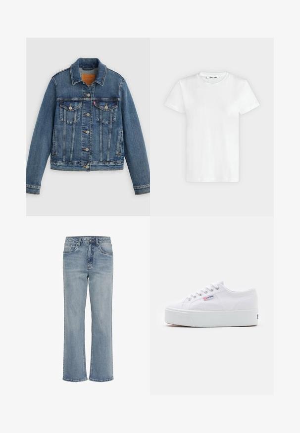 Veste en denim bleu coupe classique, boutons sur le devant, deux poches poitrine et étiquette en cuir. Présente des coutures contrastantes et une texture légèrement usée.; T-shirt blanc uni à manches courtes et col rond, posé à plat sur un fond gris clair, montrant le devant avec l'étiquette à l'intérieur du col.; Jean en denim bleu clair à coupe droite, taille haute, style cinq poches, avec des ourlets légèrement effilochés. Coutures classiques sur toute la surface.; Baskets en toile blanches avec une épaisse semelle plateforme blanche, bout rond et œillets en métal pour les lacets. Logo de la marque affiché sur le côté.