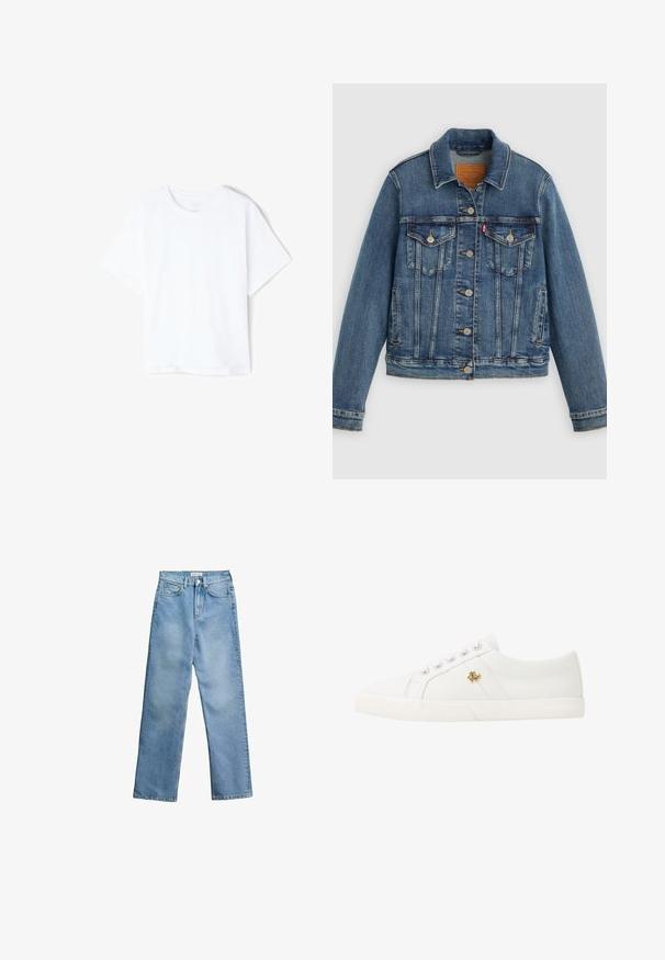 Blå denimjakke med klassisk pasform, knaplukning foran, to brystlommer og lædermærke. Har kontrast syninger og en let slidt struktur.; Enkelt hvid bomulds T-shirt med korte ærmer og rund hals, vist fladt på en hvid baggrund.; Lyseblå jeans med høj talje og lige ben, med frontknap og lynlås, bæltestropper og fem-lomme design på hvid baggrund.; Lauren Ralph Lauren JANSON II CANVAS SNEAKER - Sneakers - optic white