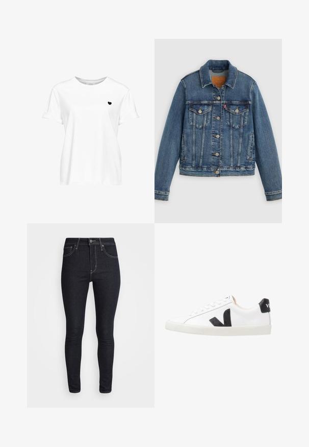 Blauwe spijkerjasje met klassieke pasvorm, knoopsluiting aan de voorkant, twee borstzakken en een leren label. Heeft contrasterende stiksels en een licht versleten textuur.; Wit T-shirt met korte mouwen met een kleine zwarte hartgrafiek op de linkerborst en een ronde hals.; Skinny jeans in donkerdenim met subtiele slijtage, vijf-pocket ontwerp, ritssluiting met knoop en contrasterende stikdetails.; Witte sneaker met een zwart V-logo, voorzien van een gladleren bovenwerk, ronde neus, vetersluiting en een contrasterende zwarte hieltab.