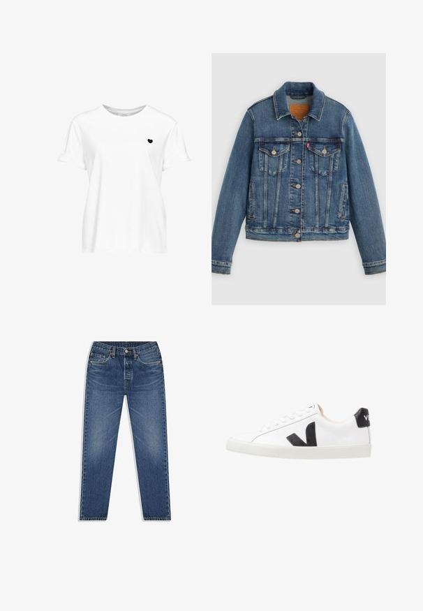 Veste en denim bleu coupe classique, boutons sur le devant, deux poches poitrine et étiquette en cuir. Présente des coutures contrastantes et une texture légèrement usée.; T-shirt blanc à manches courtes avec un petit motif cœur noir sur la poitrine gauche et un col rond.; Jean en denim bleu avec une coupe droite, présentant un système de fermeture à bouton et à glissière, cinq poches et un léger effet délavé.; Baskets blanches avec un logo V noir, présentant un dessus en cuir lisse, un bout rond, un système de laçage et un empiècement au talon noir contrastant.
