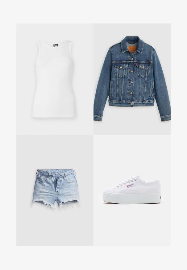 Blauwe spijkerjasje met klassieke pasvorm, knoopsluiting aan de voorkant, twee borstzakken en een leren label. Heeft contrasterende stiksels en een licht versleten textuur.; Witte geribde tanktop met een ronde halslijn en mouwloos design, gemaakt van een zachte katoenmix met een getailleerd silhouet.; Lichtblauwe denim short met afgeknipte pijpen en rafelige zoom, vijf zakken en een knoopsluiting. De stof is zacht en heeft een licht versleten uitstraling.; Witte canvas sneaker met een dikke witte platformzool, ronde neus en metalen oogjes voor veters. Merkl logo aan de zijkant weergegeven.