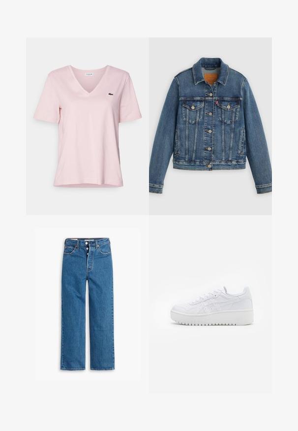 Veste en denim bleu coupe classique, boutons sur le devant, deux poches poitrine et étiquette en cuir. Présente des coutures contrastantes et une texture légèrement usée.; T-shirt en coton rose clair avec un col en V et des manches courtes, arborant un petit logo de crocodile brodé en vert sur la poitrine gauche.; Jeans en denim bleu à jambe droite avec une taille haute, design à cinq poches et zip à bouton. Couture visible et rivets en ton cuivre.; Baskets plateformes blanches avec une texture en cuir lisse, des détails perforés et des lacets plats ; dotées d'une épaisse semelle en caoutchouc blanc.