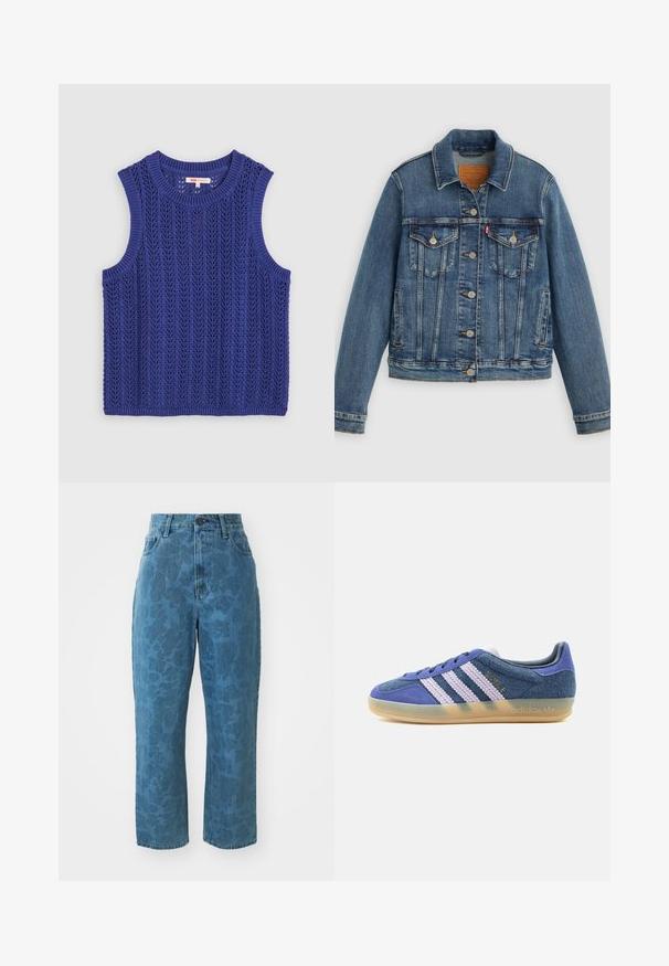 Blaue Denimjacke mit klassischem Schnitt, Knopfleiste, zwei Brusttaschen und Lederetikett. Verfügt über kontrastierende Nähte und eine leicht abgenutzte Textur.; Gestricktes ärmelloses Top in lebhaftem Lila, mit einem strukturierten Muster, rundem Ausschnitt und gerippten Kanten.; Hellblaue Jeans aus Denim mit subtiler gemusterter Textur, hoher Taille und geradem Bein. Mit einem vorderen Knopf- und Reißverschluss.; Low-Top-Sneaker aus blauem Wildleder mit weißen strukturierten Streifen, durchsichtiger Gummisohle und goldener "BAYRE"-Beschriftung an der Seite.