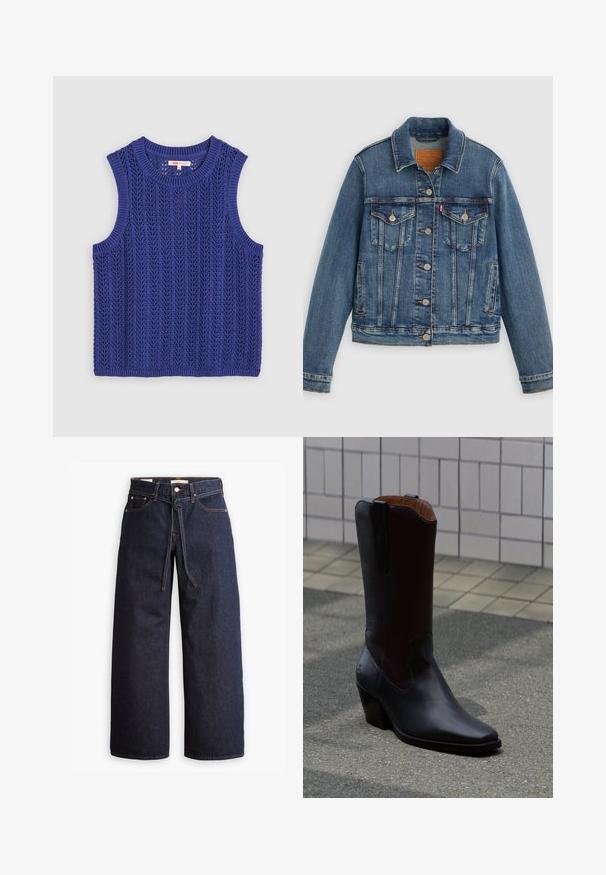 Blauwe spijkerjasje met klassieke pasvorm, knoopsluiting aan de voorkant, twee borstzakken en een leren label. Heeft contrasterende stiksels en een licht versleten textuur.; Gebreid mouwloos topje in felpaars, met een gemêleerd patroon, een ronde halslijn en ribgebreide randen.; Wijd pijpjes donkerblauwe denim jeans met een hoge taille, voorzien van een trekkoord, vijf zakken en contrasterende stiksels.; Hoge zwarte leren cowboylaars met een spits toelopende neus en een schuin geplaatste blokhak, staande op een betegeld en asfaltoppervlak.