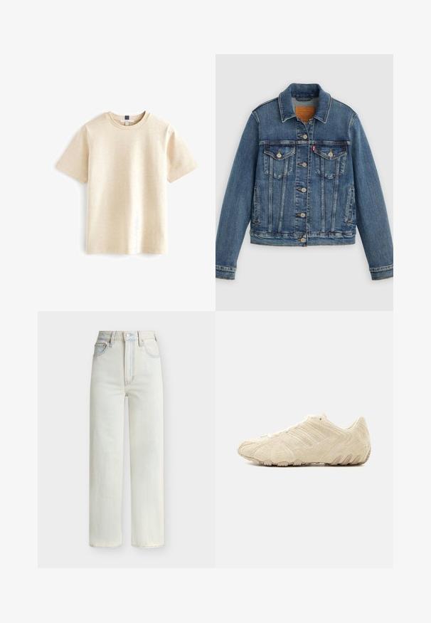 Chaqueta de mezclilla azul con corte clásico, cierre de botones, dos bolsillos en el pecho y etiqueta de cuero. Presenta costuras en contraste y una textura ligeramente desgastada.; Camiseta de manga corta beige hecha de algodón suave, con un escote redondo y un corte relajado con una textura sutil.; Vaqueros vaqueros de pierna recta y cintura alta en lavado azul claro con botón delantero, cremallera y diseño de cinco bolsillos.; Zapatilla de perfil bajo en ante beige con parte superior texturizada, detalles cosidos y suela resistente, mostrada desde el lado exterior sobre un fondo blanco.