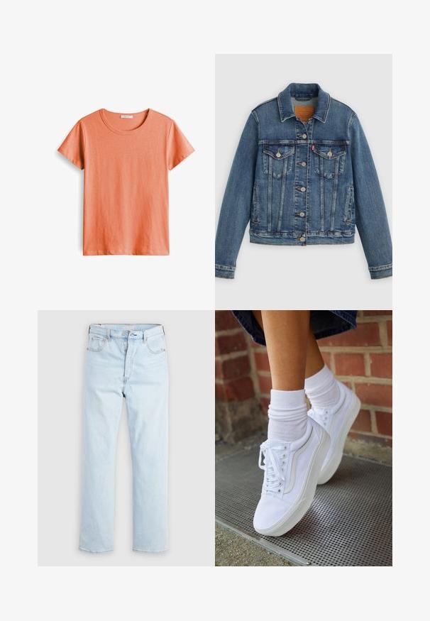 Blauwe spijkerjasje met klassieke pasvorm, knoopsluiting aan de voorkant, twee borstzakken en een leren label. Heeft contrasterende stiksels en een licht versleten textuur.; Korte mouwen T-shirt in licht koraal, gemaakt van zachte katoen, met een ronde hals en een gladde textuur zonder patronen of accenten.; Lichtblauwe high-waist jeans met rechte pijpen, knoopsluiting en voor- en achterzakken op een effen witte achtergrond.; Witte canvas sneakers met rubberen zolen, voorzien van zes vetertjes, een ronde neus en lichte stikdetails, gecombineerd met witte enkelsokken.