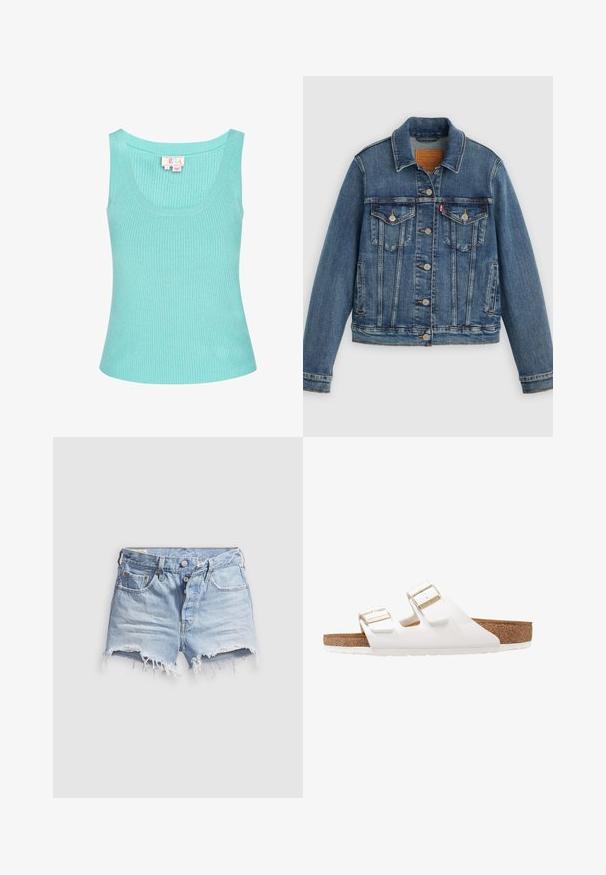 Blauwe spijkerjasje met klassieke pasvorm, knoopsluiting aan de voorkant, twee borstzakken en een leren label. Heeft contrasterende stiksels en een licht versleten textuur.; Lichtblauw geribbeld tanktop met een ronde halslijn en brede schouderbanden. De stof lijkt glad met een lichte stretch. Etiket zichtbaar aan de binnenkant.; Lichtblauwe denim short met afgeknipte pijpen en rafelige zoom, vijf zakken en een knoopsluiting. De stof is zacht en heeft een licht versleten uitstraling.; Witte rubberen sandalen met twee verstelbare banden, gouden gespen en een bruine kurken voetbed. Gestructureerde zool voor grip, minimalistisch ontwerp.