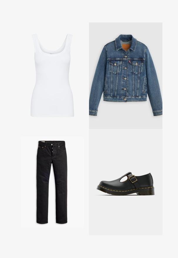 Blaue Denimjacke mit klassischem Schnitt, Knopfleiste, zwei Brusttaschen und Lederetikett. Verfügt über kontrastierende Nähte und eine leicht abgenutzte Textur.; Weißes Tanktop mit rundem Ausschnitt, breiten Schulterträgern und tailliertem Schnitt, aus einem glatten, dehnbaren Stoff gefertigt.; Schwarze Denim-Jeans mit geradem Schnitt, Fünf-Taschen-Design und Knopfverschluss. Mit Kupfennieten und Nähtelementen.; Schwarzer Lederschuh mit abgerundetem Zeh, Fesselriemen und Schnalle, niedrigem Absatz und gelben Nähten entlang der Sohle. Glatte Textur durchgehend.