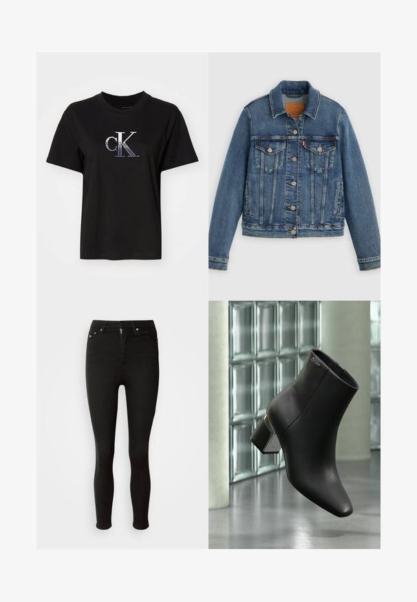 Blå denimjakke med klassisk pasform, knaplukning foran, to brystlommer og lædermærke. Har kontrast syninger og en let slidt struktur.; Sort bomulds T-shirt med rund hals. Har et sølv broderet "cK" logo og teksten "Calvin Klein Jeans" under logoet. Korte ærmer.; Sorte skinny jeans lavet af denim, med knap- og lynlåslukning, fem lommer samt en glat, textured overflade.; Sort læderankelstøvle med blokhæl, DKNY-logo nær toppen, vist foran en glasblokvæg og poleret betongulv.