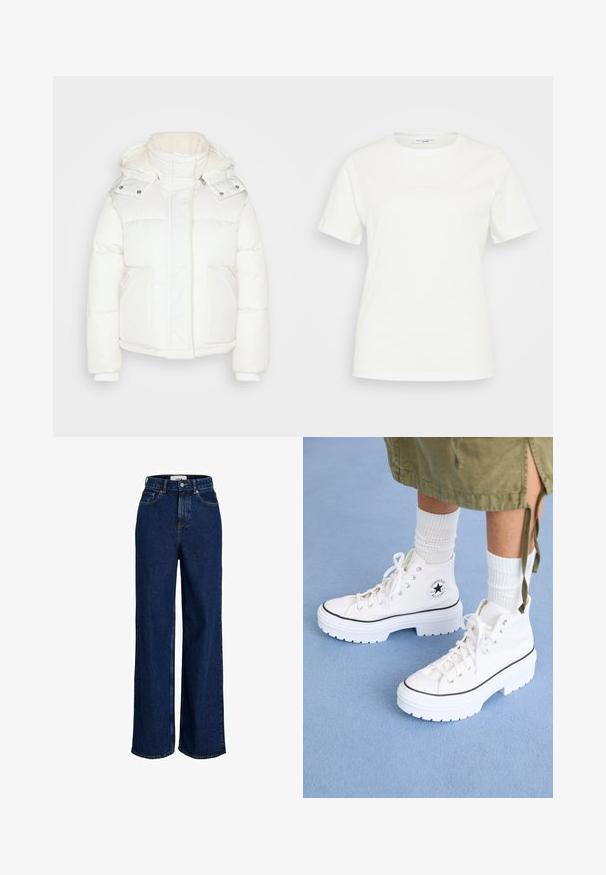 Colourful Rebel RYA CONTRAST PUFFER JACKET - Winterjacke - off white; Weißes Baumwoll-T-Shirt mit rundem Halsausschnitt und kurzen Ärmeln. Auf der Vorderseite sind keine ausgeprägten Muster oder Akzente sichtbar.; Dunkelblaue, hoch taillierte Jeans mit weitem Bein, vorderen Taschen, Gürtelschlaufen, Knopfverschluss und sichtbaren Nahtdetails.; Weiße High-Top-Sneaker mit einem strukturierten Canvas-Obermaterial, Gummikappen an den Zehen und einer dicken weißen Plattformsohle. Mit schwarzen Akzenten und Ösen ausgestattet.