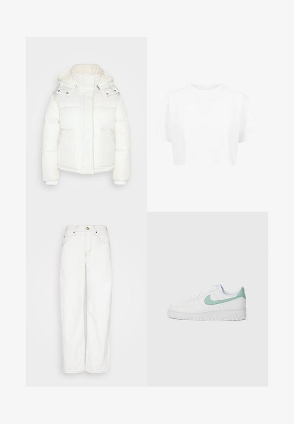 Colourful Rebel RYA CONTRAST PUFFER JACKET - Winterjacke - off white; Weißes, kurzes T-Shirt mit kurzen Ärmeln und rundem Halsausschnitt, aus glattem Stoff, ohne sichtbare Muster oder auffällige Hardware.; BDG Urban Outfitters LOGAN CINCH - Jeans Straight Leg - white; Weiße Leder-Sneaker mit einem mintgrünen Nike-Swoosh und Ferseneinsatz, strukturiertem Außensohlen und klassischem Schnürdesign.