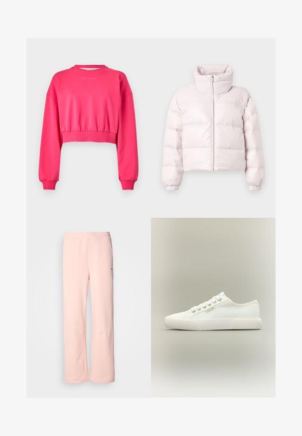Veste matelassée courte rose clair avec col montant, fermeture éclair avant et poignets froncés. Présente un logo discret sur le haut de la poitrine à gauche.; Sweatshirt court rose avec des manches longues et des poignets côtelés. Présente un col arrondi et un branding minimaliste sur la poitrine.; Pantalon de jogging en coton rose avec une coupe large, taille élastique et détails de couture minimaux. Comprend une petite étiquette logo sur le côté.; Baskets basses blanches en toile avec semelle en caoutchouc texturée, lacets blancs et petite étiquette Calvin Klein sur le côté.