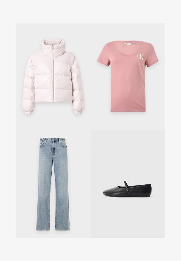 Hellrosa gekürzte Steppjacke mit hohem Kragen, Frontreißverschluss und gerafften Bündchen. Verfügt über ein dezentes Logo auf der oberen linken Brust.; Rosa Baumwoll-V-Ausschnitt-T-Shirt mit kurzen Ärmeln, das ein weißes Calvin Klein-Logo und den Buchstaben "K" auf der linken Brustseite zeigt. Glatte Textur.; Helles blau, weit geschnittene Jeans aus Denim. Mit Knopf- und Reißverschluss, Fronttaschen und dezentem Verblassen. Saubere Säume.; Schwarze Leder-Ballettschuhe mit spitzem Schuhzeug, flacher Sohle und einem kleinen Riemen mit silberner Schnalle.