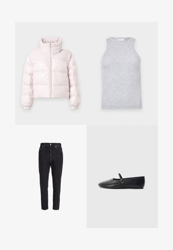 Hele roosa lühike puffer-jope kõrge krae, ees tõmblukk ja kurrutatud varrukaotsad. Üleval vasakul rinnal on peen logo.; Hallita shirt, millel on hall värv ja mis on valmistatud tekstuuritud kudumiskangast. Seda iseloomustab ümmargune kaelus, mille ümber on kontrastne viimistlus.; Mustad teksased kõrge vöökohaga, kitsenevad jalad ja klassikaline viie taskuga disain. Kangast tekstuur on veidi tekstureeritud ja vastupidav.; Mustadest nahast balletitaldud, millel on terav nina, lame tald ja väike rihm koos hõbedase detailiga.
