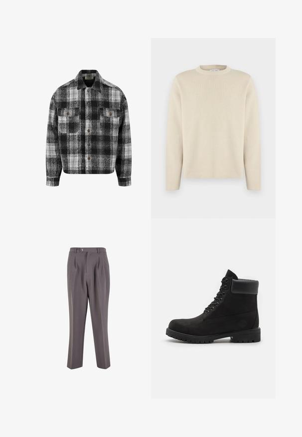 Sort og hvid ternet flannel skjorte med krave, to forlommer og brune knapper. Blød tekstur og afslappet pasform.; Beige langærmet rundhalset sweater med subtilt lille logo på venstre bryst, vist på ensfarvet hvid baggrund.; Grå plisserede bukser lavet af glat stof, med lige ben-design, en enkelt knaplukning og skrå sidelommer.; Sorte snørebåndsstøvler til anklen med polstret krave og robust sål, vist i profil mod en hvid baggrund.