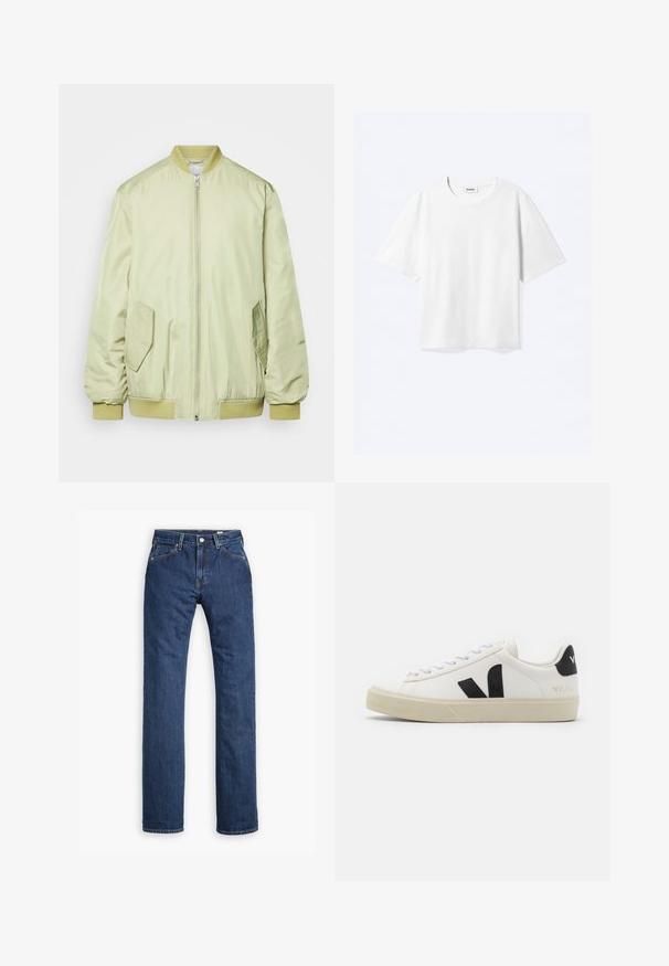 Monki Kurzmantel - khaki; Weißes T-Shirt mit kurzen Ärmeln und Rundhalsausschnitt mit geradem Saum, innen mit gebrandetem "WEEKDAY"-Label am Kragen.; Levi's® MOJ MIJ PLANK STRAIGHT - Jeans Straight Leg - stems; Weißes Leder-Sneaker mit schwarzem Gummi-V-Logo. Strukturierte cremefarbene Sohle, weiße Schnürsenkel und Fersendetail in Schwarz mit dem Markennamen.