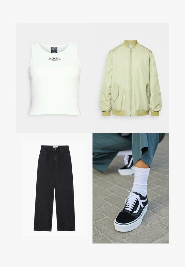 Monki Κοντό παλτό - khaki; Λευκό ριμπ κροπ τοπ με στρογγυλή λαιμόκοψη και το λογότυπο "Von Dutch" σε μαύρο χρώμα στο κέντρο. Κατασκευασμένο από ελαστικό ύφασμα από βαμβακερό μείγμα.; Μαύρα τζιν παντελόνια ψηλής μέσης, φαρδιάς γραμμής, με μπροστινό κουμπί και φερμουάρ, θηλιές ζώνης και πέντε τσέπες.; Μαύρο σουέτ sneaker με λευκές λεπτομέρειες και κορδόνια, με παχύ λευκό πάτο και αντίθετη ραφή, συνοδευόμενο από λευκή κάλτσα.