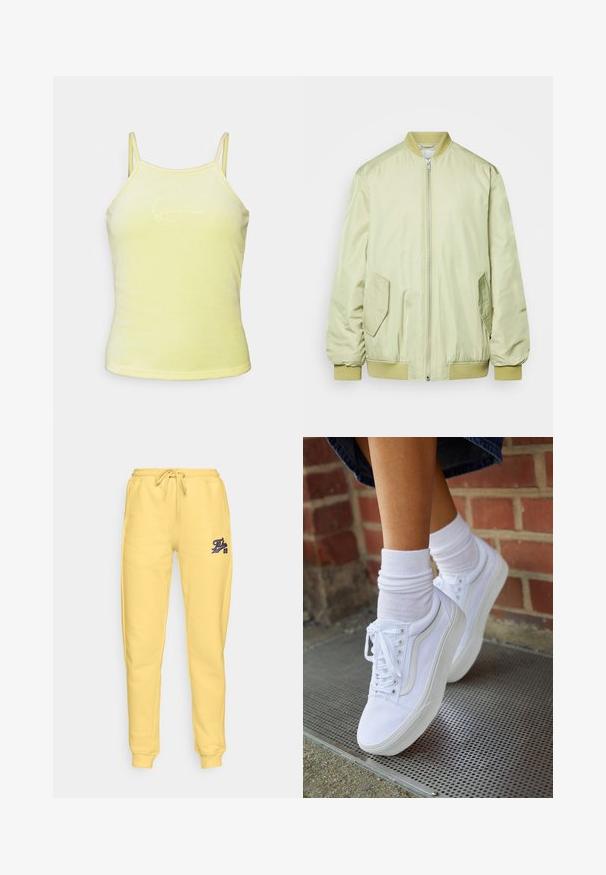 Monki Manteau court - khaki; Débardeur jaune sans manches avec une texture douce, présentant des bretelles fines et un design brodé subtil sur le devant.; Pantalons de survêtement jaunes en mélange de coton doux, avec une taille élastique ajustable par cordon et un petit logo bleu sur la cuisse gauche.; Baskets en toile blanches avec semelles en caoutchouc, dotées de six œillets, d'un bout rond et de détails de couture légers, portées avec des chaussettes blanches mi-mollet.